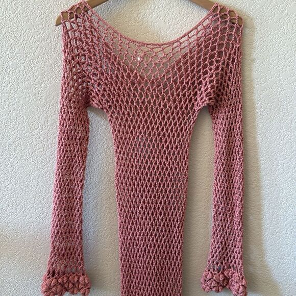 Ayni Pink Coral Crochet Knit Long Sleeve Maxi Dress Resort Swims Cover Up NWOT - Picture 11 of 13